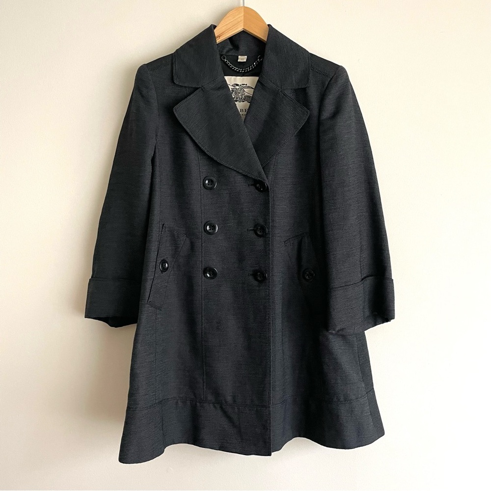 Burberry London Cotton Linen Double Breasted A-Line Peacoat Charcoal Gray